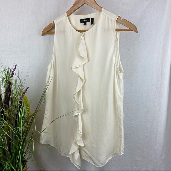 Theory 100% Silk Exaggerated Ruffle Front Sleeveless Blouse Top M - Picture 4 of 9